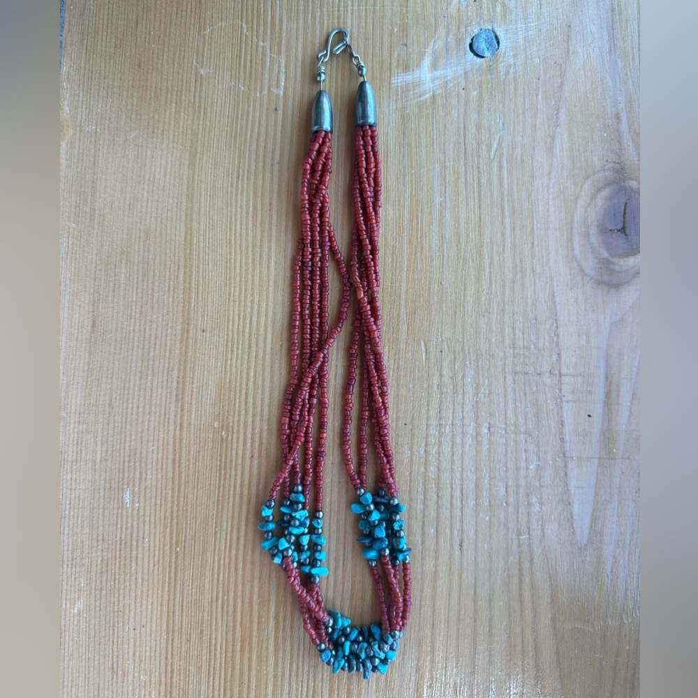 Native American Elegant Red Coral and Turquoise Beaded Necklace